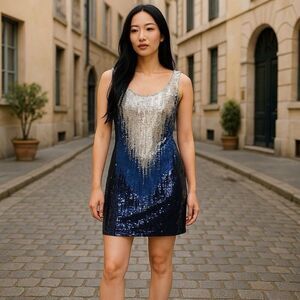vintage CACHE Silk Beaded Sequin Shift Dress M blue